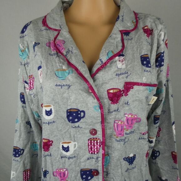 Munki Munki Long Sleeve Pajama Shirt Top Button Front Tea Coffee Mug NWT Medium - Picture 2 of 6